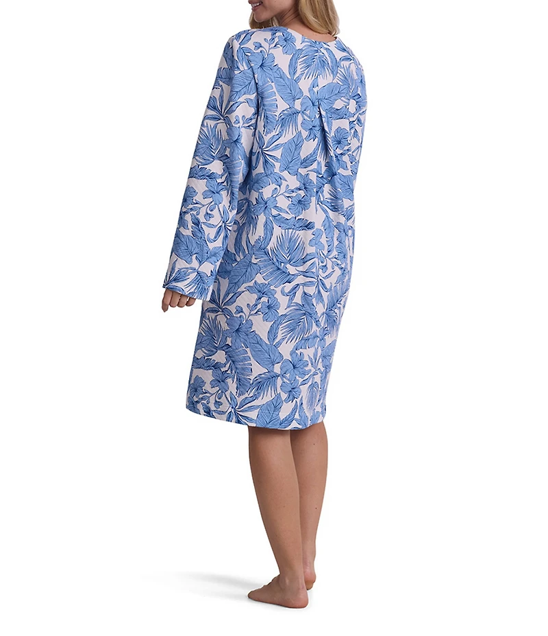 Miss Elaine Quilt In Knit Tropical Print Long Sleeve Round Neck Short Snap-Front Robe