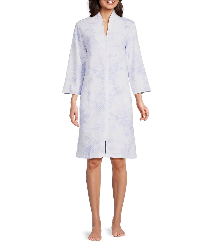 Miss Elaine Quilt-In-Knit Tulip Print 3/4 Sleeve Short Zip Robe