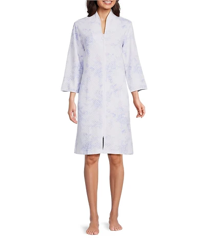 Miss Elaine Quilt-In-Knit Tulip Print 3/4 Sleeve Short Zip Robe
