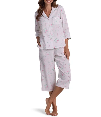 Miss Elaine Rose Print 3/4 Sleeve Notch Neck Cotton Seersucker Capri Pajama Set