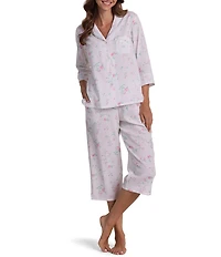 Miss Elaine Rose Print 3/4 Sleeve Notch Neck Cotton Seersucker Capri Pajama Set