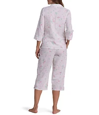 Miss Elaine Rose Print 3/4 Sleeve Notch Neck Cotton Seersucker Capri Pajama Set