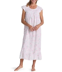 Miss Elaine Rose Print Short Sleeve Round Neck Cotton Seersucker Long Nightgown