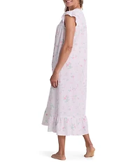 Miss Elaine Rose Print Short Sleeve Round Neck Cotton Seersucker Long Nightgown
