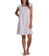 Miss Elaine Rose Print Short Sleeve Round Neck Cotton Seersucker Short Nightgown