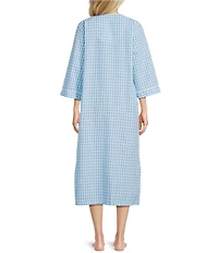 Miss Elaine Seersucker 3/4 Sleeve Long Check Knit Zip Robe