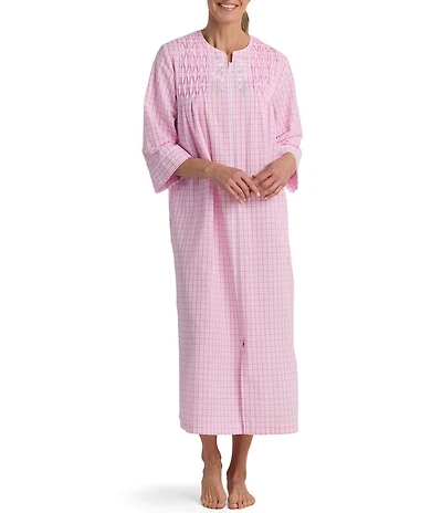 Miss Elaine Seersucker 3/4 Sleeve Long Check Knit Zip Robe