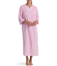 Miss Elaine Seersucker 3/4 Sleeve Long Check Knit Zip Robe