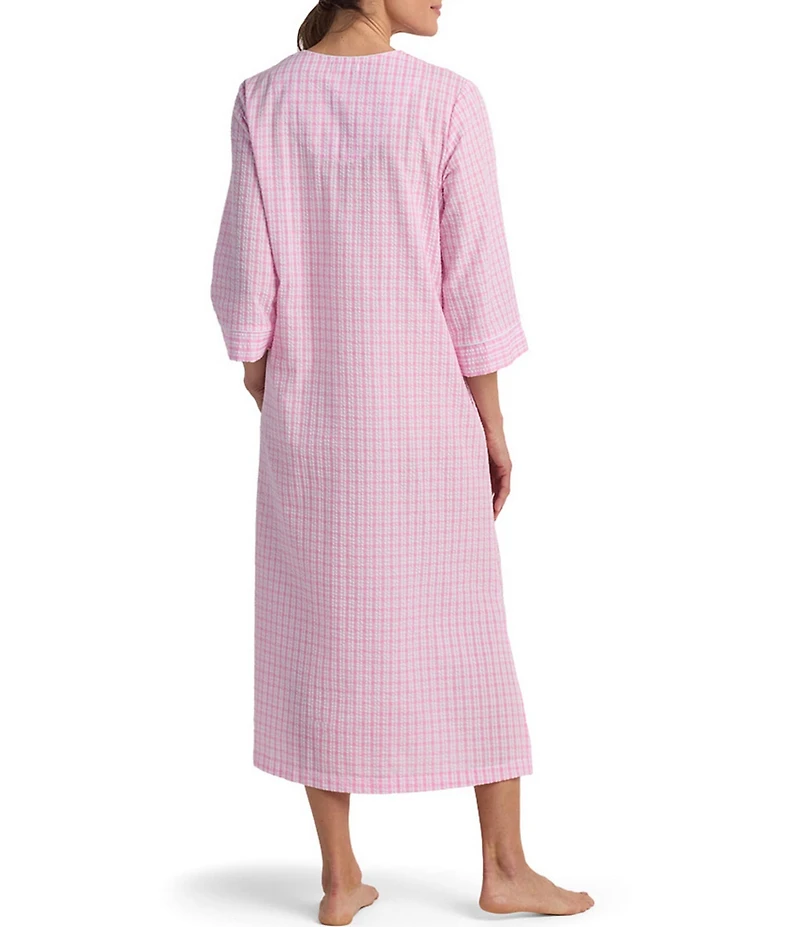 Miss Elaine Seersucker 3/4 Sleeve Long Check Knit Zip Robe