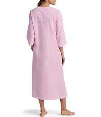 Miss Elaine Seersucker 3/4 Sleeve Long Check Knit Zip Robe