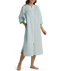 Miss Elaine Seersucker 3/4 Sleeve Long Check Knit Zip Robe