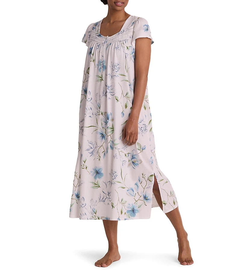 Miss Elaine Silky Knit Dogwood Stems Print Short Sleeve Sweetheart Neck Long Nightgown