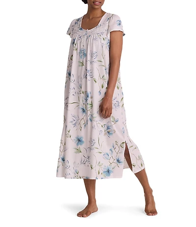 Miss Elaine Silky Knit Dogwood Stems Print Short Sleeve Sweetheart Neck Long Nightgown