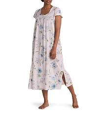 Miss Elaine Silky Knit Dogwood Stems Print Short Sleeve Sweetheart Neck Long Nightgown