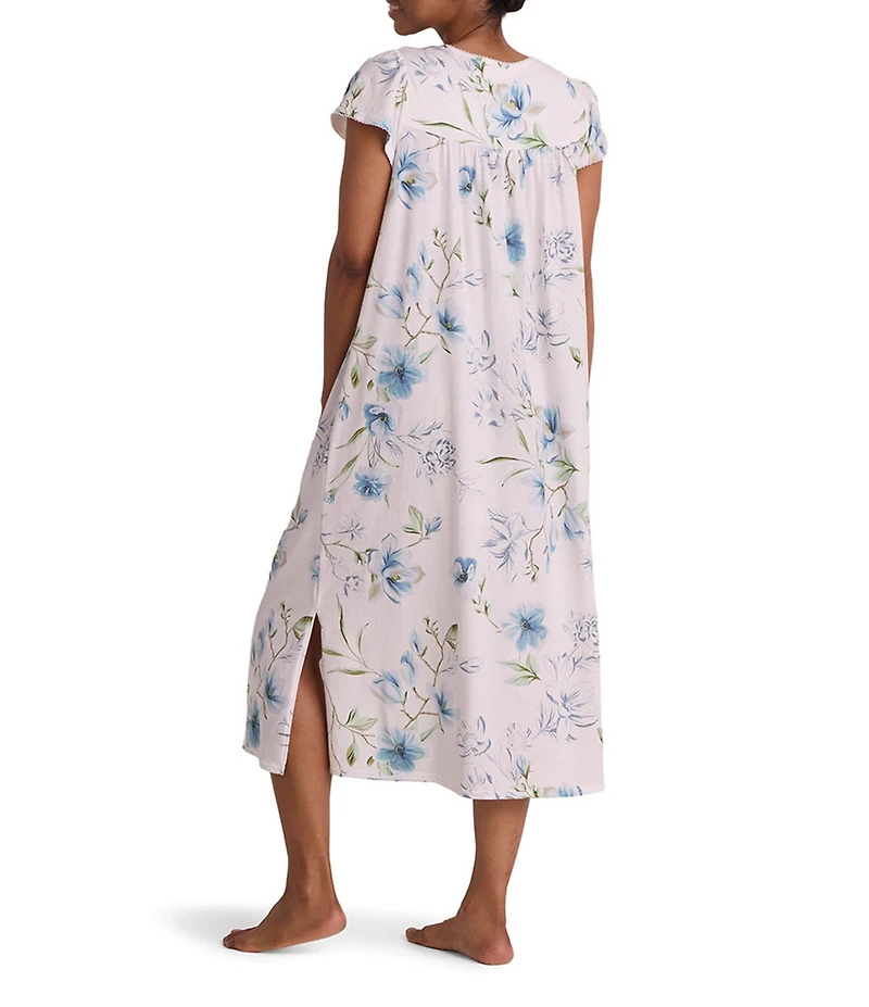 Miss Elaine Silky Knit Dogwood Stems Print Short Sleeve Sweetheart Neck Long Nightgown
