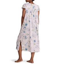 Miss Elaine Silky Knit Dogwood Stems Print Short Sleeve Sweetheart Neck Long Nightgown