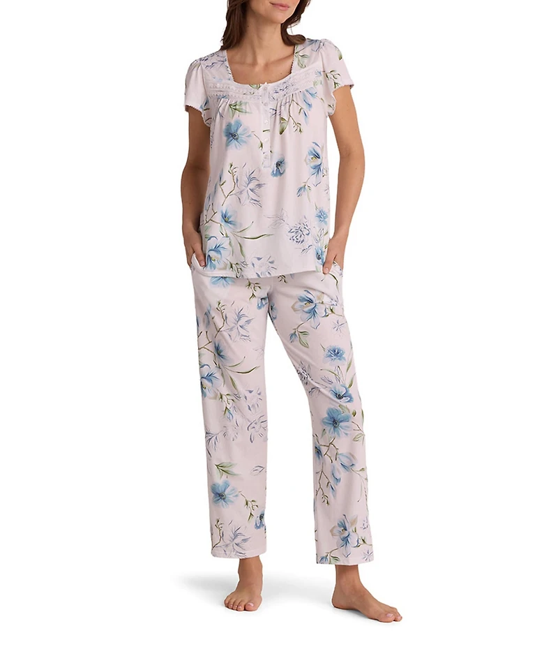 Miss Elaine Silky Knit Dogwood Stems Print Short Sleeve Sweetheart Neck Long Pajama Set