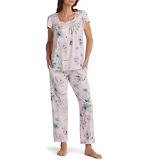 Miss Elaine Silky Knit Dogwood Stems Print Short Sleeve Sweetheart Neck Long Pajama Set