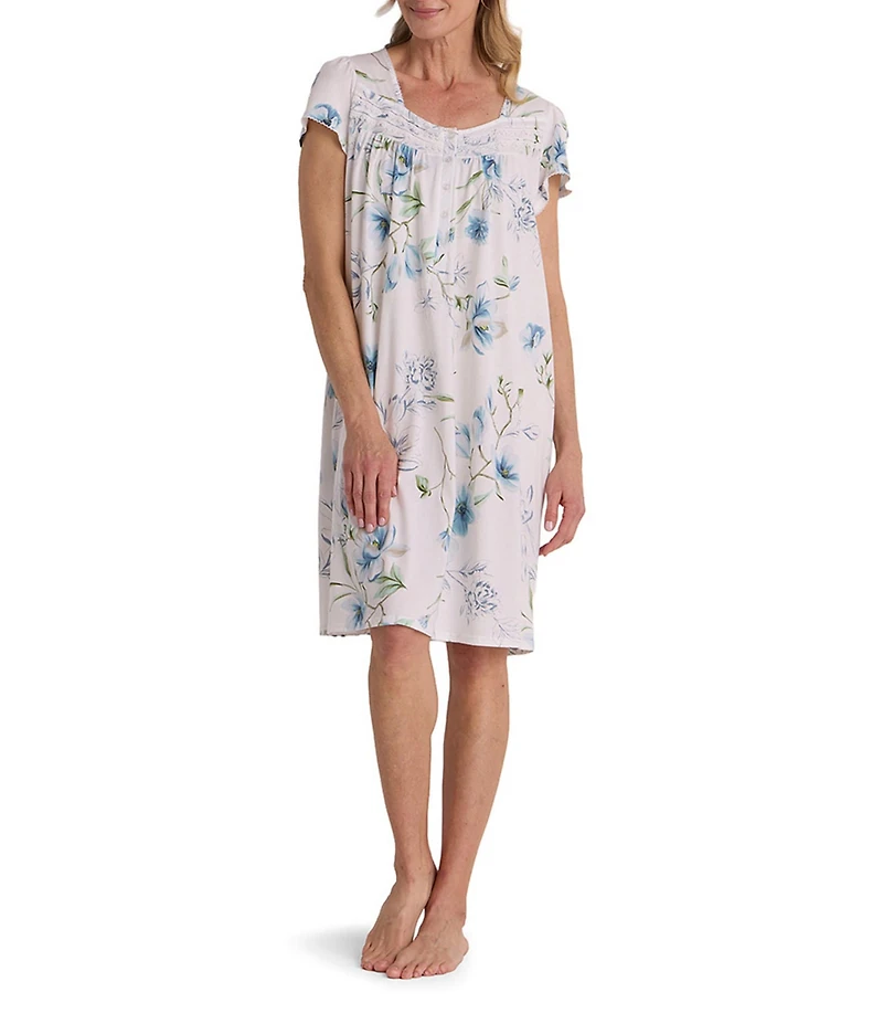 Miss Elaine Silky Knit Dogwood Stems Print Short Sleeve Sweetheart Neck Short Nightgown
