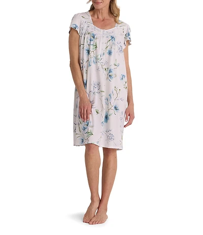 Miss Elaine Silky Knit Dogwood Stems Print Short Sleeve Sweetheart Neck Short Nightgown