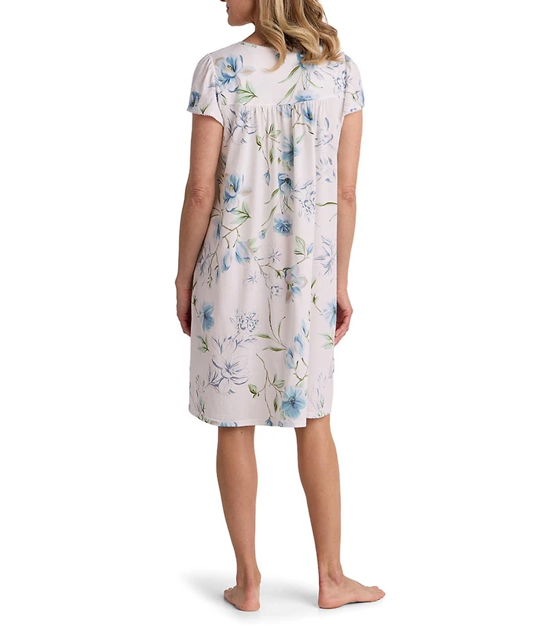 Miss Elaine Silky Knit Dogwood Stems Print Short Sleeve Sweetheart Neck Short Nightgown