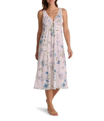 Miss Elaine Silky Knit Dogwood Stems Print Sleeveless V-Neck Long Nightgown