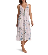 Miss Elaine Silky Knit Dogwood Stems Print Sleeveless V-Neck Long Nightgown