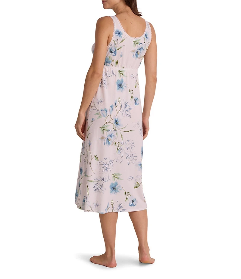 Miss Elaine Silky Knit Dogwood Stems Print Sleeveless V-Neck Long Nightgown