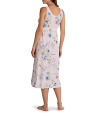 Miss Elaine Silky Knit Dogwood Stems Print Sleeveless V-Neck Long Nightgown