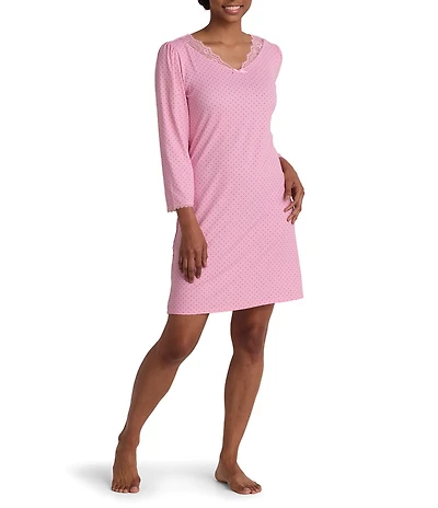 Miss Elaine Silky Knit Dot Print Long Sleeve V-Neck Short Nightgown