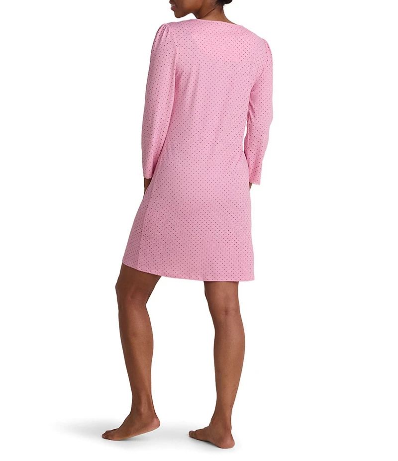 Miss Elaine Silky Knit Dot Print Long Sleeve V-Neck Short Nightgown