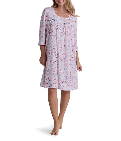 Miss Elaine Silky Knit Floral Print 3/4 Sleeve Scoop Neck Short Nightgown