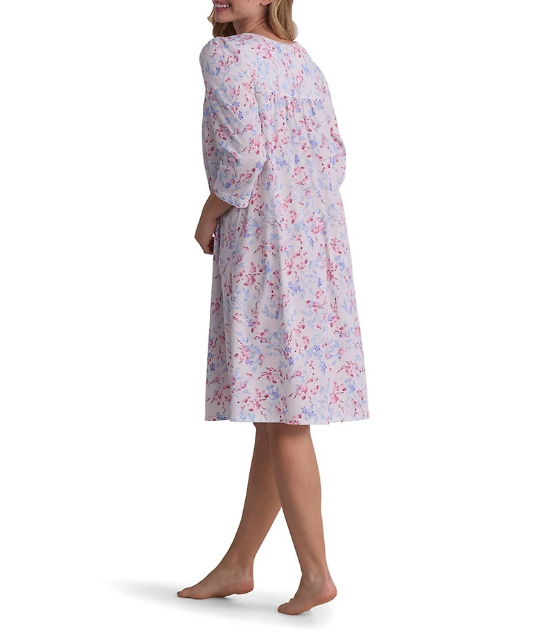 Miss Elaine Silky Knit Floral Print 3/4 Sleeve Scoop Neck Short Nightgown