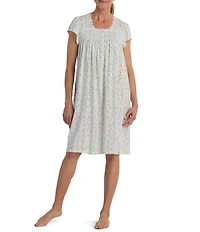 Miss Elaine Silky Knit Floral Print Short Sleeve Square Neck Short Nightgown