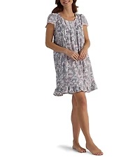 Miss Elaine Silky Knit Floral Scroll Print Short Sleeve Round Neck Short Nightgown
