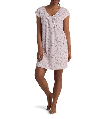 Miss Elaine Silky Knit Floral Stem Print Short Sleeve V-Neck Short Nightgown