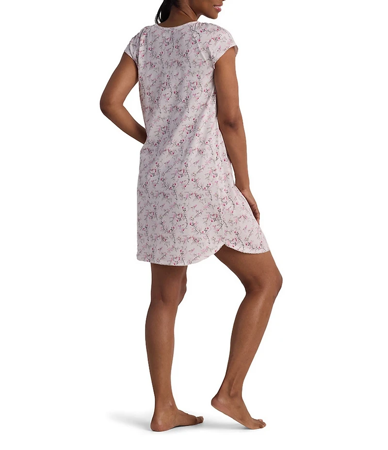 Miss Elaine Silky Knit Floral Stem Print Short Sleeve V-Neck Short Nightgown