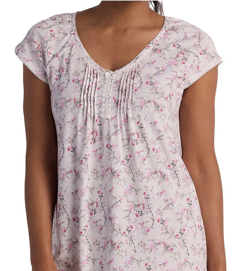 Miss Elaine Silky Knit Floral Stem Print Short Sleeve V-Neck Short Nightgown