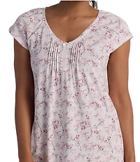 Miss Elaine Silky Knit Floral Stem Print Short Sleeve V-Neck Short Nightgown