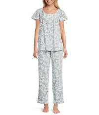 Miss Elaine Silky Knit Jersey Blue Floral Scroll Print Short Sleeve Pajama Set
