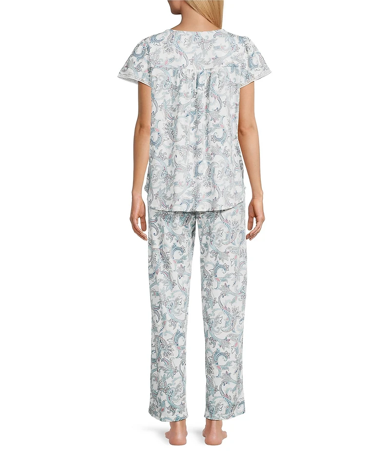 Miss Elaine Silky Knit Jersey Blue Floral Scroll Print Short Sleeve Pajama Set