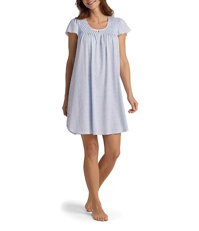 Miss Elaine Silky Knit Leaves & Stems Short Sleeve Round Neck Short Nightgown