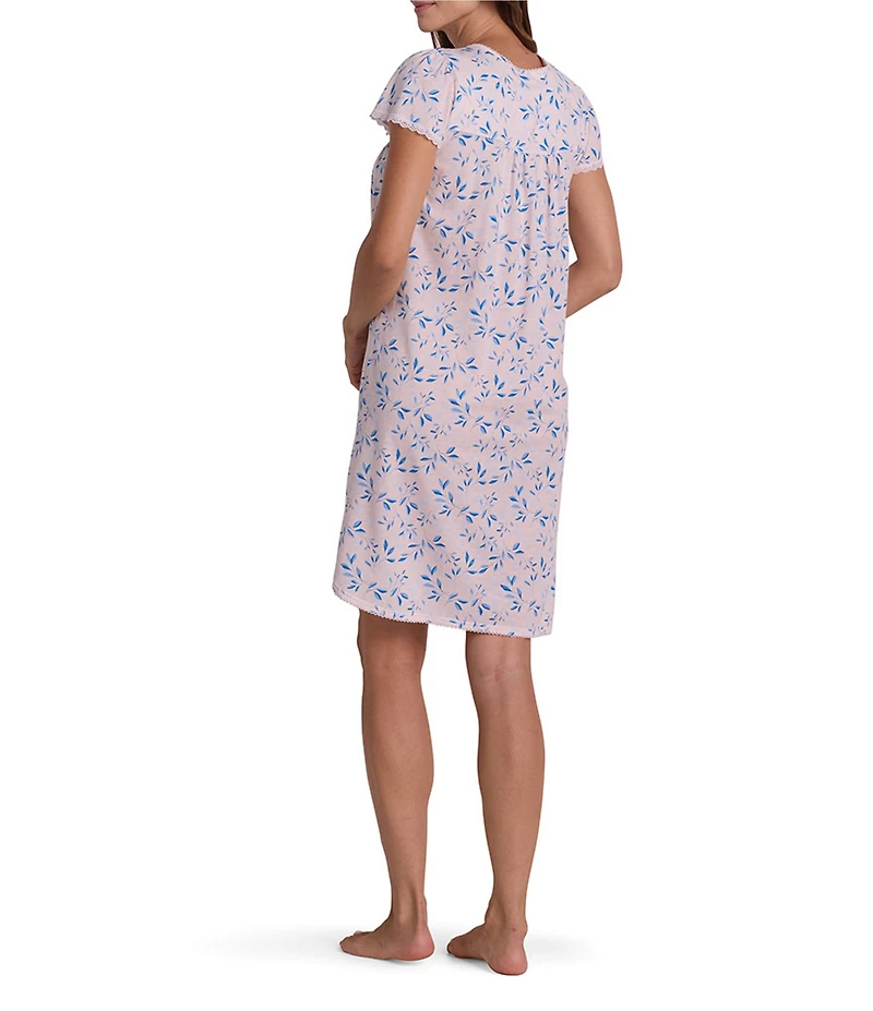 Miss Elaine Silky Knit Leaves Print Short Sleeve Round Neck Short Nightgown