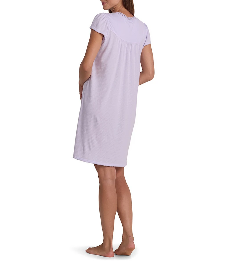 Miss Elaine Silky Knit Pointelle Short Sleeve V Neck Short Nightgown