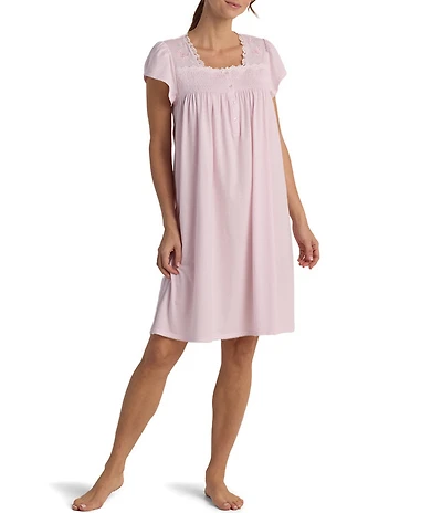 Miss Elaine Silky Knit Short Sleeve Square Neck Short Nightgown