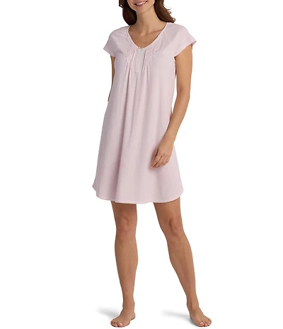Miss Elaine Silky Knit Short Sleeve V Neck Short Nightgown