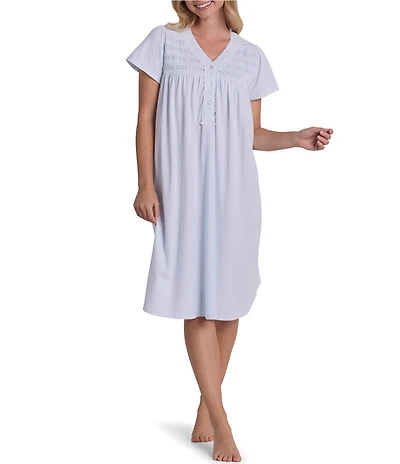 Miss Elaine Silky Knit Solid Short Sleeve V Neck Jersey Short Nightgown