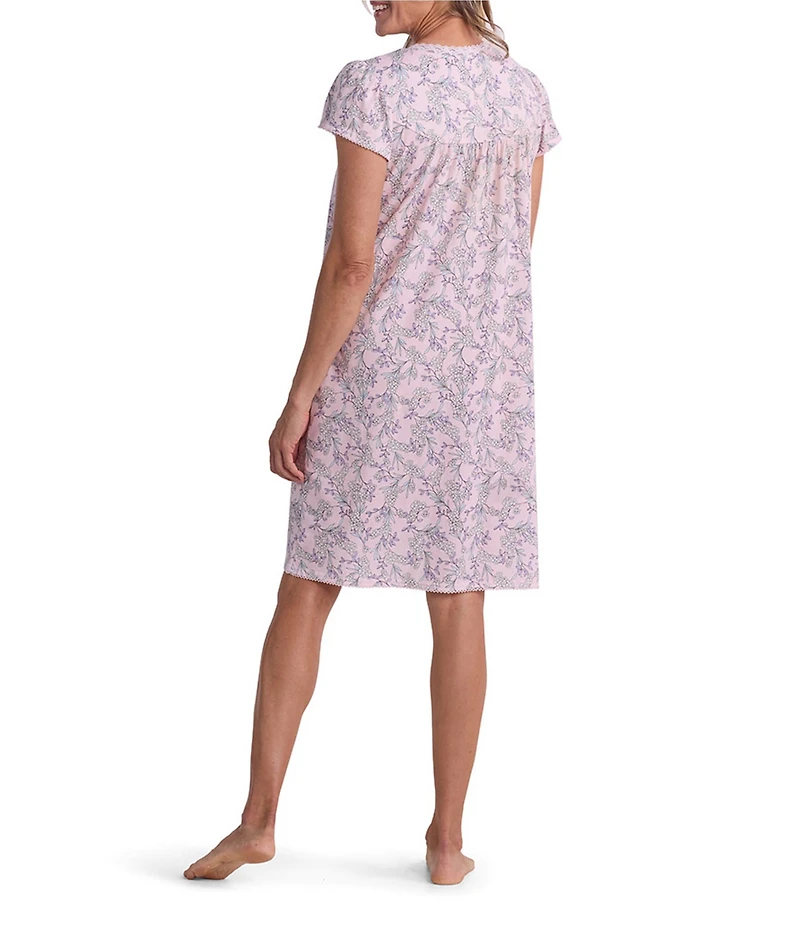 Miss Elaine Silky Knit Springtime Floral Print Short Sleeve V Neck Short Nightgown