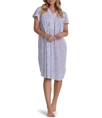 Miss Elaine Silky Knit Tiny Print Stem Short Sleeve V Neck Jersey Short Nightgown