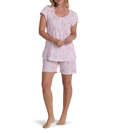 Miss Elaine Silky Knit Watercolor Stems Print Short Sleeve Sweetheart Neck Jersey Shorty Pajama Set